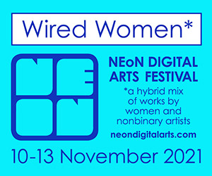NEoN logo on light blue background advertising Wired Women event.