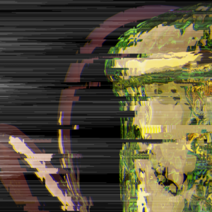 A darkly coloured ,abstract image from the artist Libby Heaney.The image looks like a glitched computer screen. One half of the screen is black with pink and aubergine coloured brush strokes, the other half of the image is coloured green and various shades of brown mixed together.