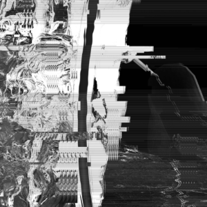 A black and white abstract image of work by Libby Heaney. The image looks like glitched computer graphics.