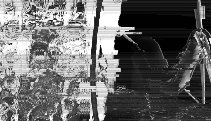 A black and white abstract image of work by Libby Heaney. The image looks like glitched computer graphics.