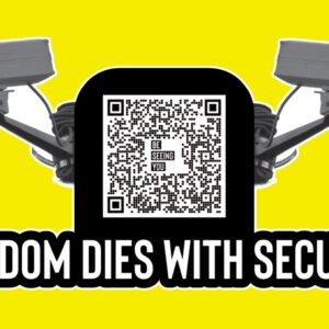 Two CCTV cameras with yellow back ground. With text that reads Freedom Dies with Security.