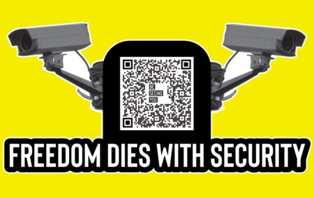 Two CCTV cameras with yellow back ground. With text that reads Freedom Dies with Security.
