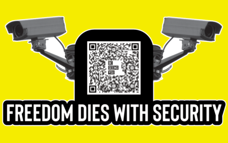 two CCTV cameras with yellow back ground. With text that reads Freedom Dies with Security.