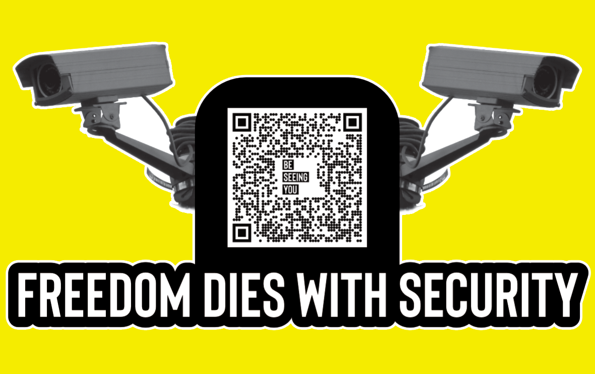 two CCTV cameras with yellow back ground. With text that reads Freedom Dies with Security.