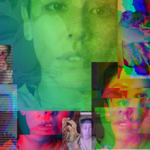 Various abstract images of a persons face, with various objects and colours obscuring the face.