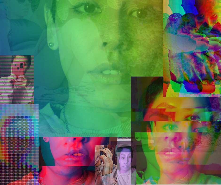 Various abstract images of a persons face, with various objects and colours obscuring the face.