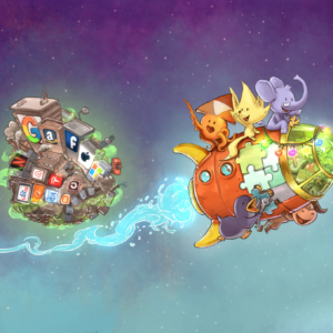 An illustration of a group of animals riding on a spaceship which is flying away from a planet which is covered in company logos', such as Facebook, Google and Netflix.