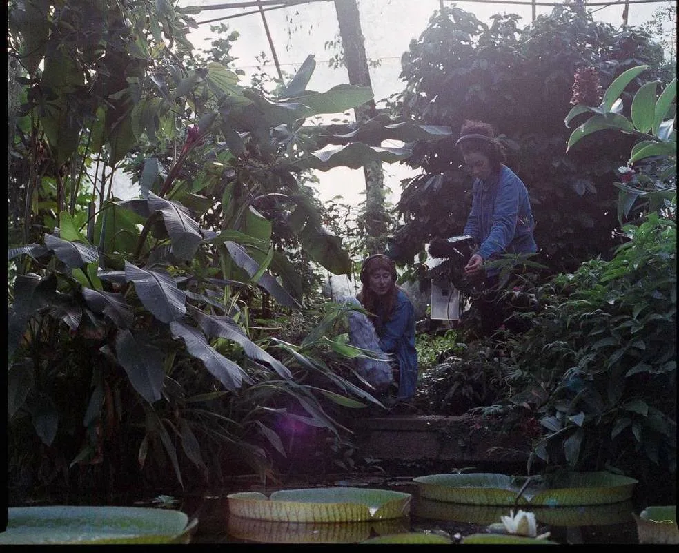 Two people from the Dundee Sound Collective, collecting field recordings at the botanic gardens in Dundee.