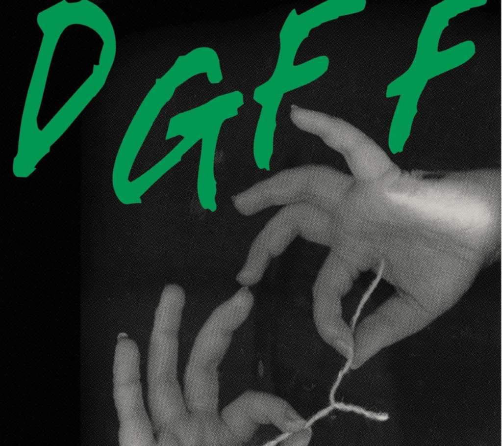 A black and white image of a pair of hands tying a knot, in the background are the letters DGFF written in large green letters.