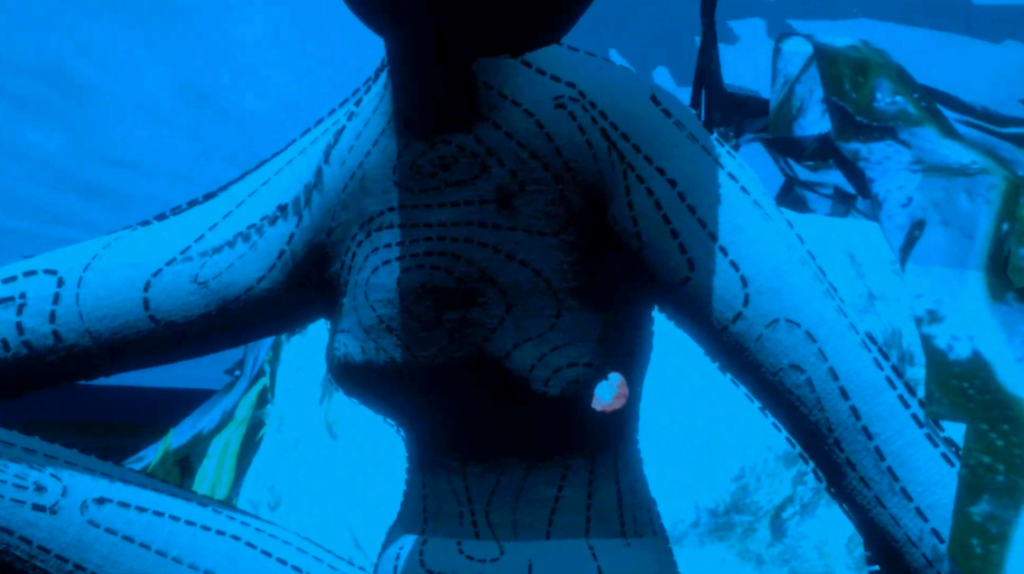 Screenshot of the VR experience. Digital representation of a body. All blue.