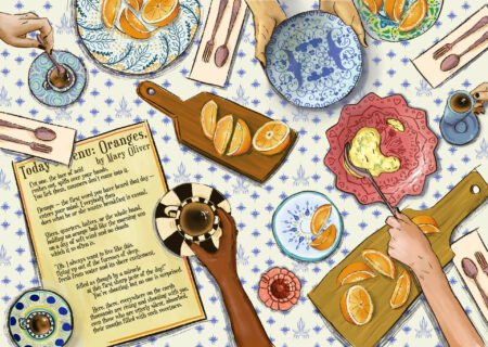 An aerial view of a table top filled with brightly coloured plates, cups and saucers and wooden serving platters upon which are oranges cut into quarters and halves. Also sitting on the table is an orange coloured piece of card/paper with the words, Todays Menu: Oranges by Mary Oliver.